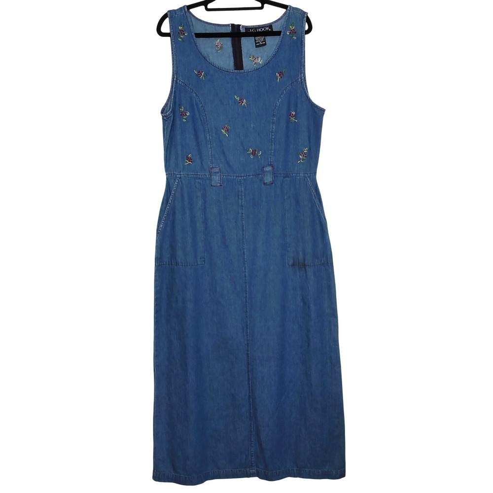Cottagecore J.G. Hook Denim Midi Dress Women 10 Blue Floral Embroidered Jumper